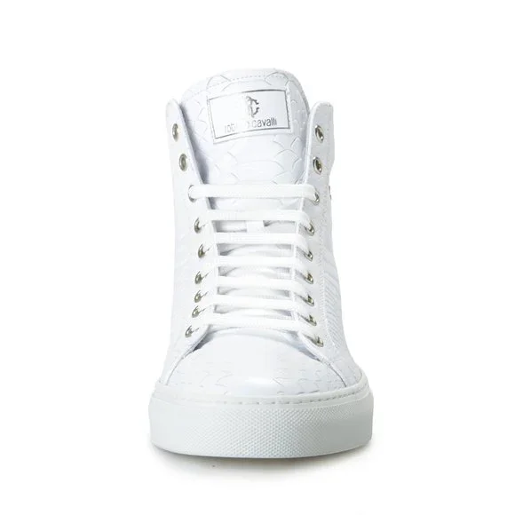 Roberto Cavalli Men's White Textured Leather High Top Fashion Sneakers Shoes